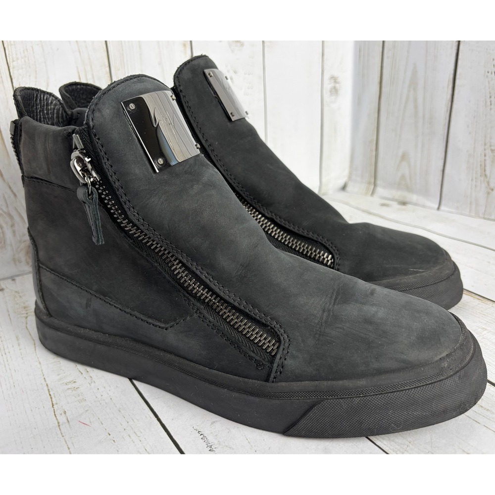 Giuseppe Zanotti Black Matte Leather Double Zip High Sneakers Silver Logo 38/7.5